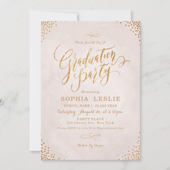 Glam blush rose gold calligraphy graduation party invitation (Front)