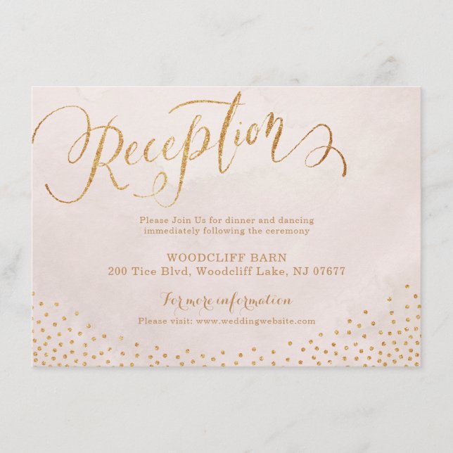 Glam blush rose gold calligraphy reception card (Front)