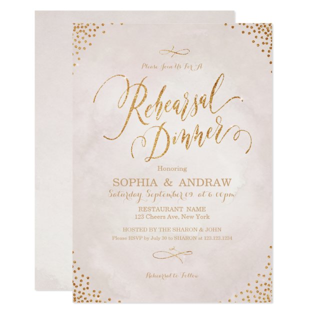 Glam Blush Rose Gold Calligraphy Rehearsal Dinner Invitation