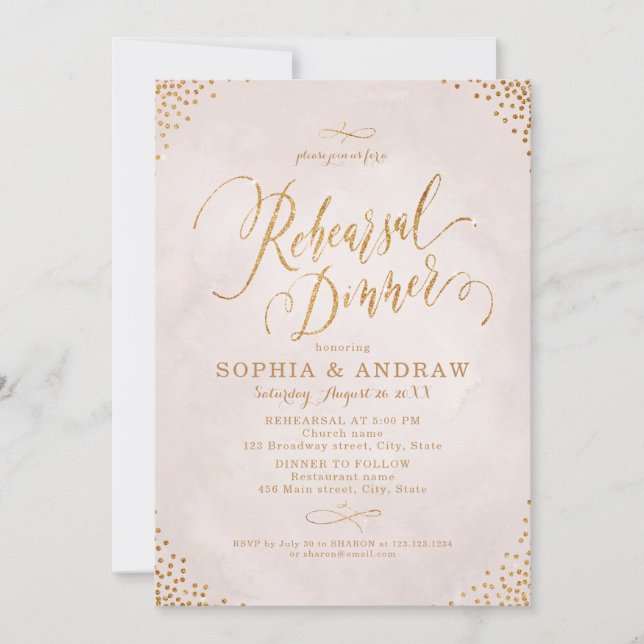 Glam blush rose gold calligraphy Rehearsal Dinner Invitation (Front)