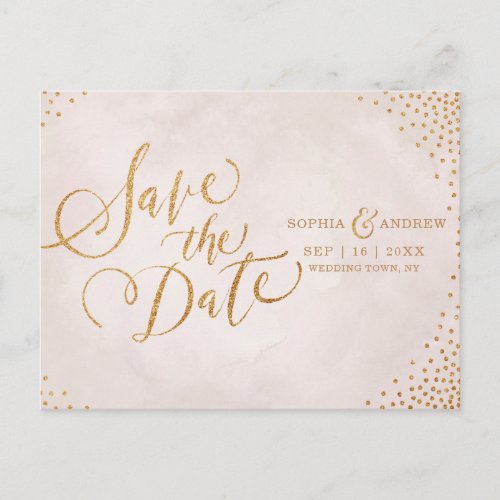 Glam blush rose gold calligraphy save the date announcement postcard