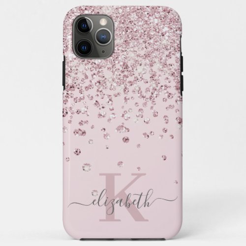 Glam Blush Rose Gold Diamond Confetti Monogrammed iPhone 11 Pro Max Case