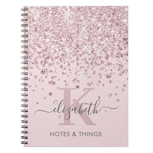 Glam Blush Rose Gold Glitter Diamond Monogrammed Notebook