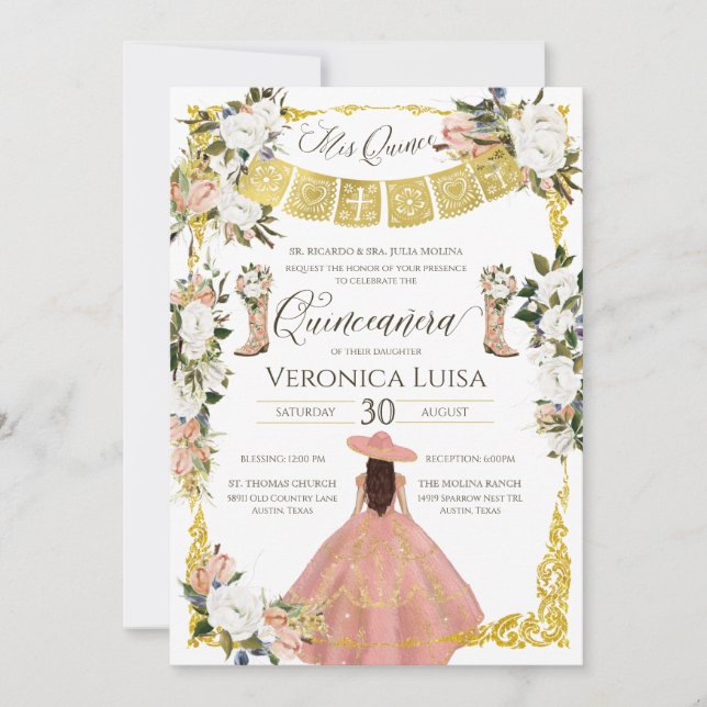 Glam Blush White Gold Charro Floral Quinceañera  Invitation (Front)