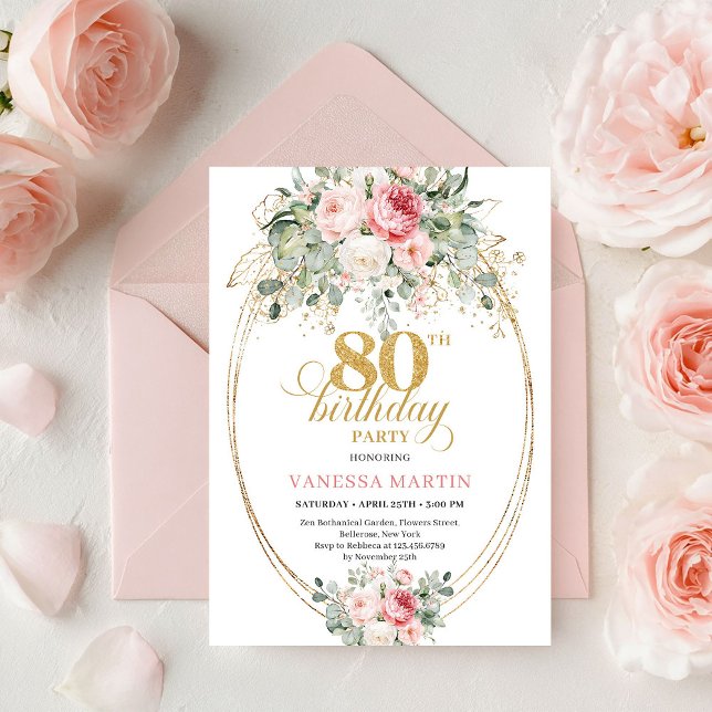 Glam Bohemian Blush Floral Gold 80th Birthday Invitation (Glam Bohemian Blush Floral Gold 80th Birthday Invite)