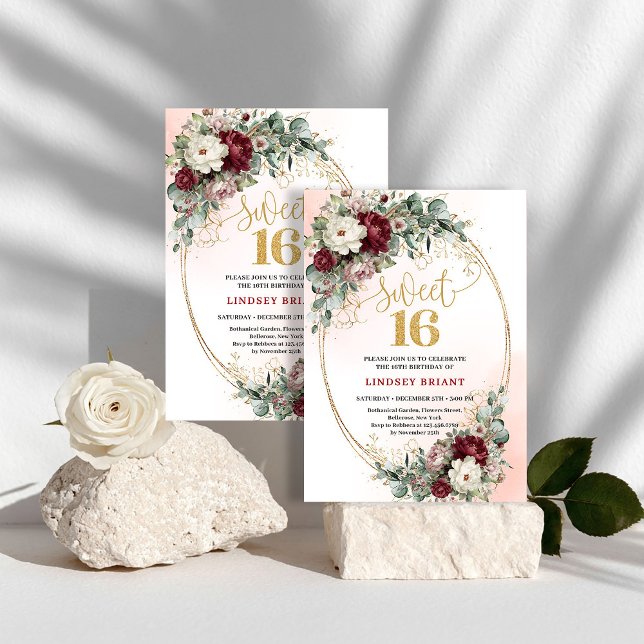 Glam Bohemian Deep Red Floral Gold Sweet 16 Invite (Glam Bohemian Deep Red Floral Gold Sweet 16 Invitation)