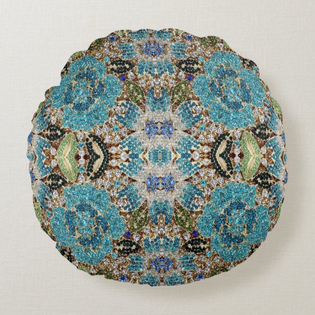 glam bohemian girly fashion teal turquoise blue round pillow (Front)