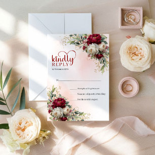Glam Boho Burgundy and White Floral Gold Wedding RSVP Card