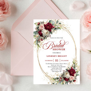 Glam Boho Burgundy Blush Floral Gold Bridal Shower Invitation
