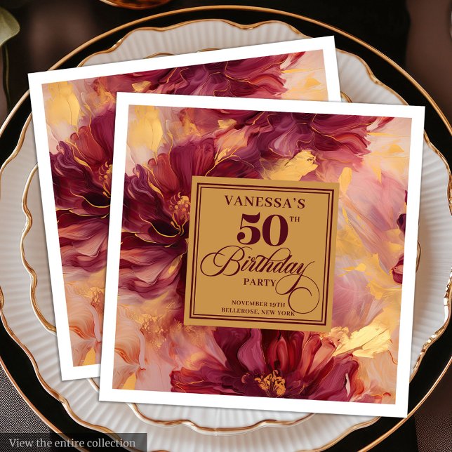 Glam Boho Burgundy Blush Gold Floral 50th Birthday Paper Dinner Napkins (Glam Boho Burgundy Blush Gold Floral 50th Birthday Paper Dinner Napkins)