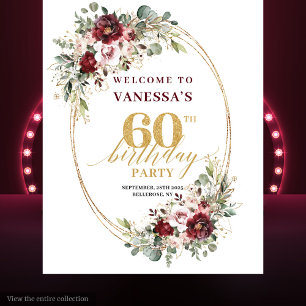 Glam Boho Burgundy Gold Floral 60th Birthday Prop Tapestry