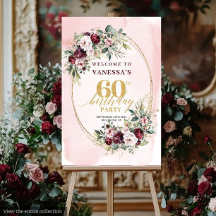 Glam Boho Burgundy Gold Floral 60th Birthday Sign
