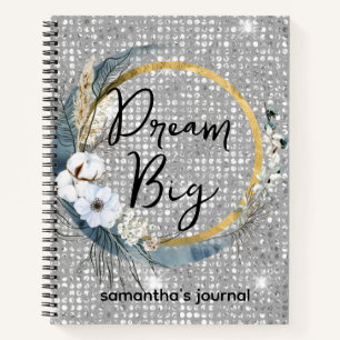 Glam Boho Celestial Moon Chic Faux Silver Glitter Notebook