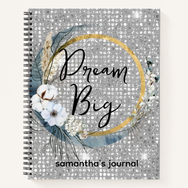 Glam Boho Celestial Moon Chic Faux Silver Glitter Notebook (Front)