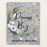 Glam Boho Celestial Moon Faux Silver Glitter Bokeh Planner<br><div class="desc">Customizable name design with glamorous faux silver glitter bokeh background with boho floral moon.</div>