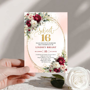 Glam Boho Merlot Gold Floral 16th Birthday Invites