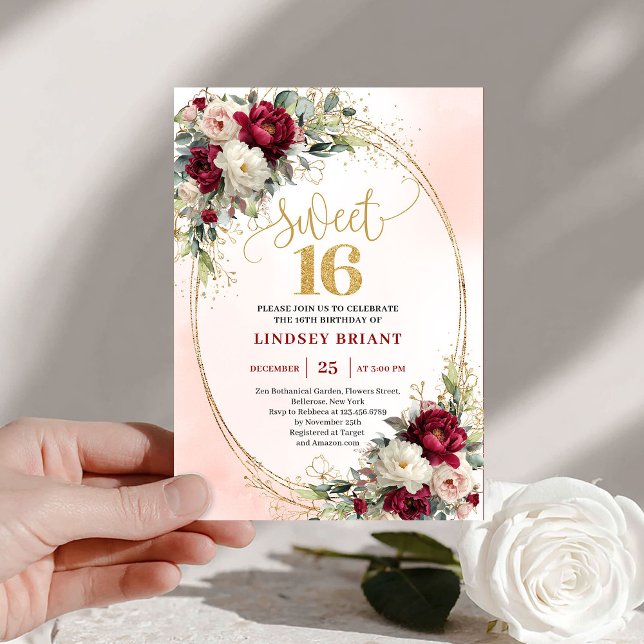 Glam Boho Merlot Gold Floral 16th Birthday Invites (Glam Boho Merlot Gold Floral 16th Birthday Invitation)