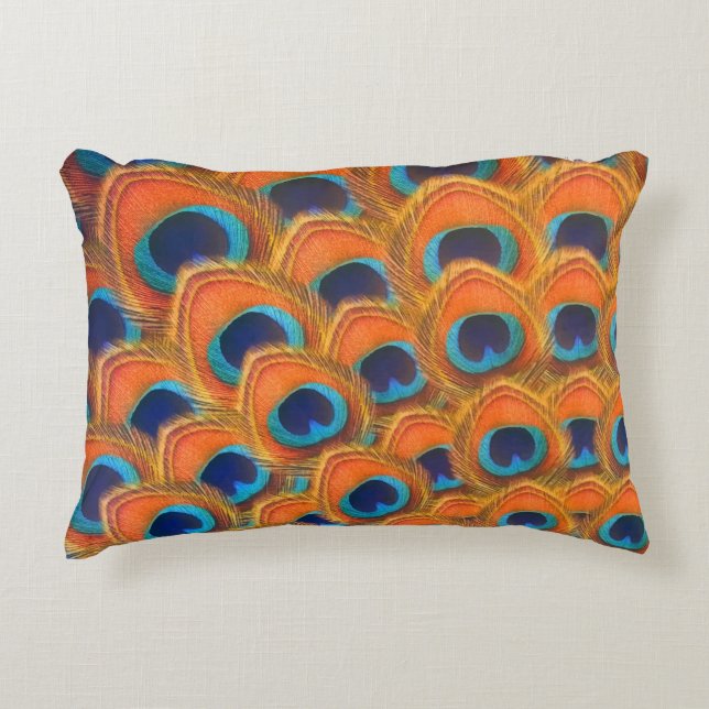 Glam Boho Orange Blue Peacock Feathers Accent Pillow (Front)