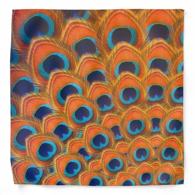 Glam Boho Orange Blue Peacock Feathers Bandana (Front)