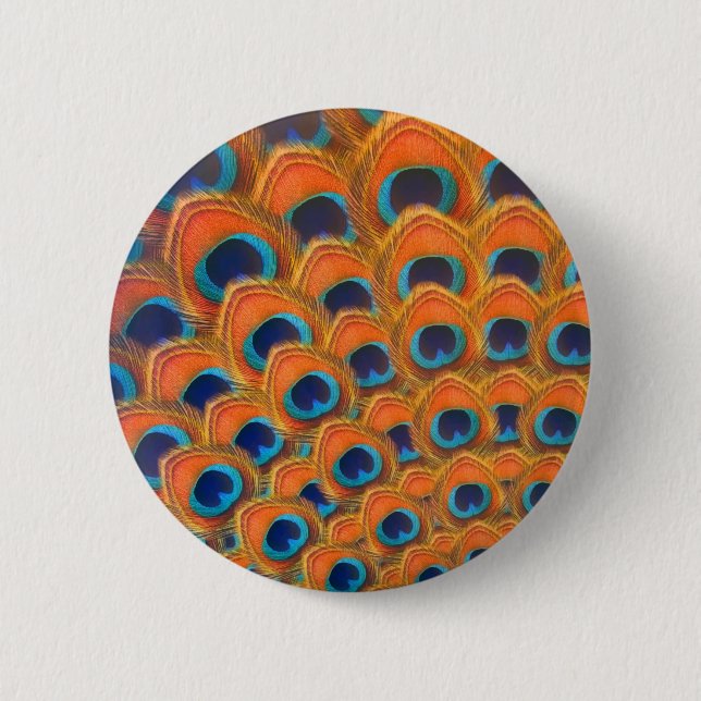 Glam Boho Orange Blue Peacock Feathers Button (Front)