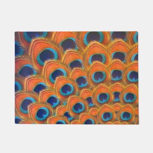 Glam Boho Orange Blue Peacock Feathers Doormat