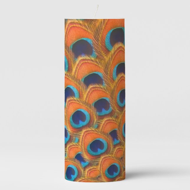 Glam Boho Orange Blue Peacock Feathers Pillar Candle (Front)