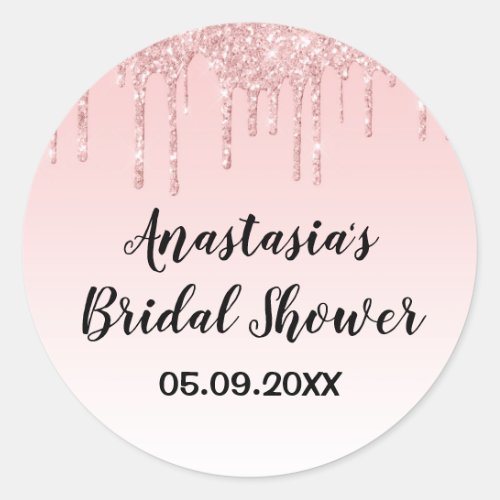 Glam Bridal Shower Pink Rose Gold Glitter Drips Classic Round Sticker