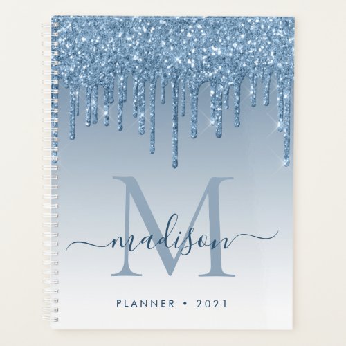 Glam Bright Blue Glitter Drips Girly Monogram 2021 Planner