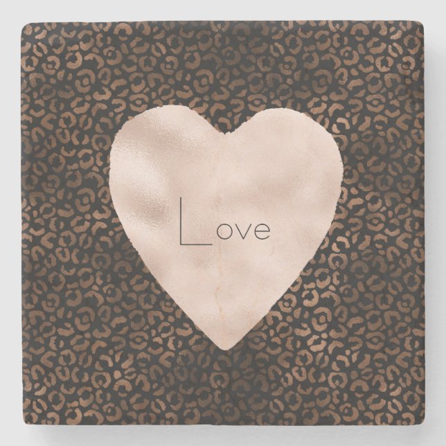 Glam Brown Black Leopard Print Heart Stone Coaster (Front)