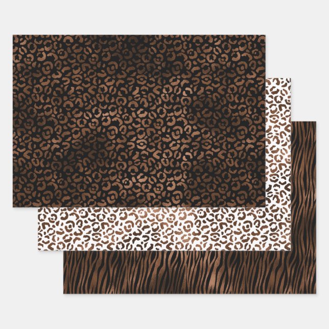 Glam Brown Black Leopard Print Wrapping Paper Sheets (Set)