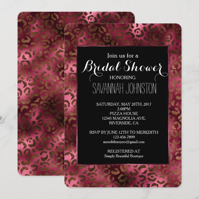 Glam Brown Burgundy Leopard Print bridal shower Invitation (Front/Back)