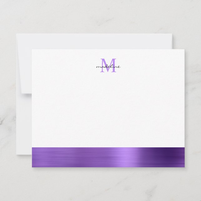 Glam Brushed Metal Purple Amethyst Girly Monogram Note Card (Front)