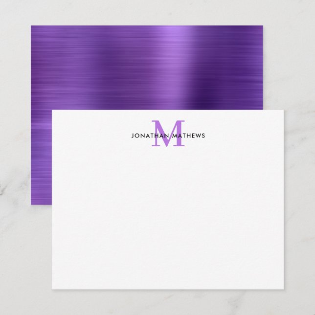 Glam Brushed Metal Purple Classic Monogram Note Card (Front/Back)