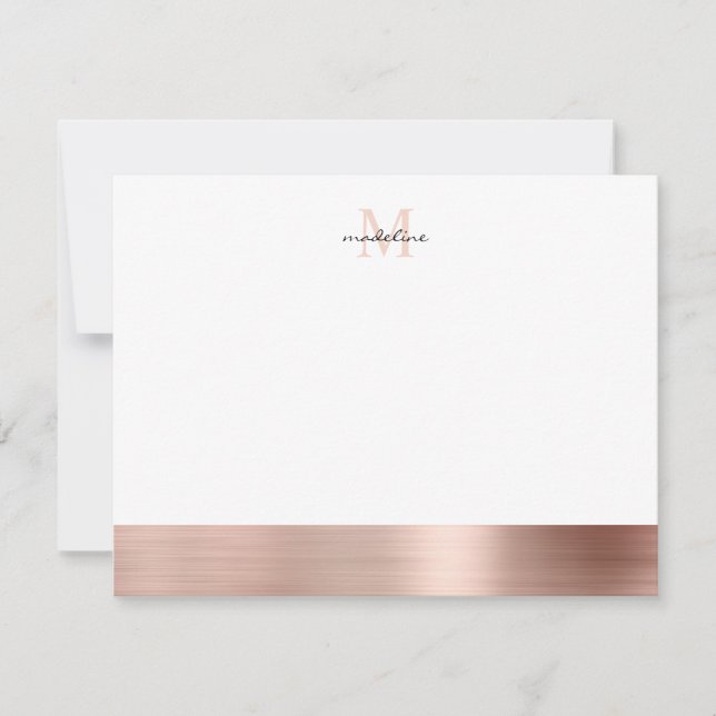 Glam Brushed Metal Rose Gold Girly Monogram Note Card (Front)