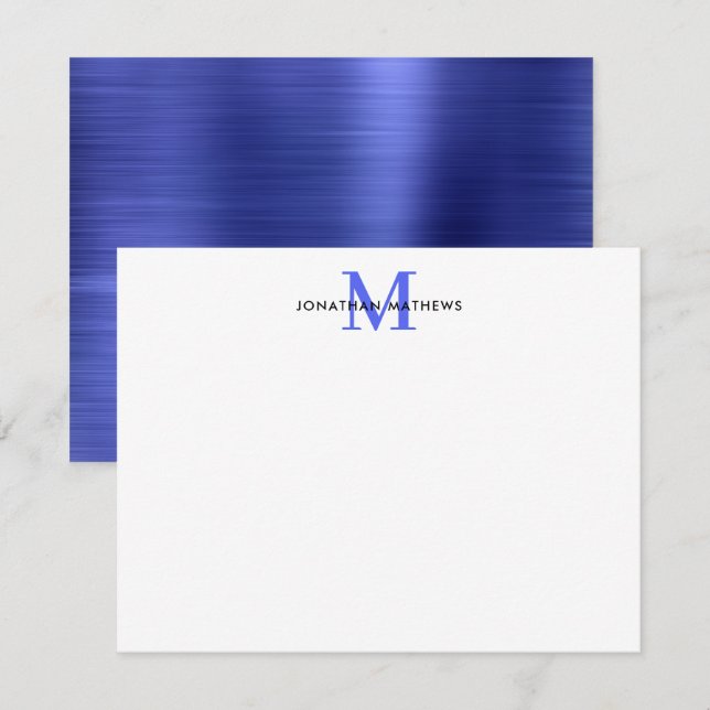 Glam Brushed Metal Royal Blue Classic Monogram Note Card (Front/Back)