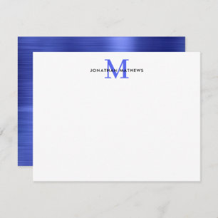 Glam Brushed Metal Royal Blue Classic Monogram Note Card