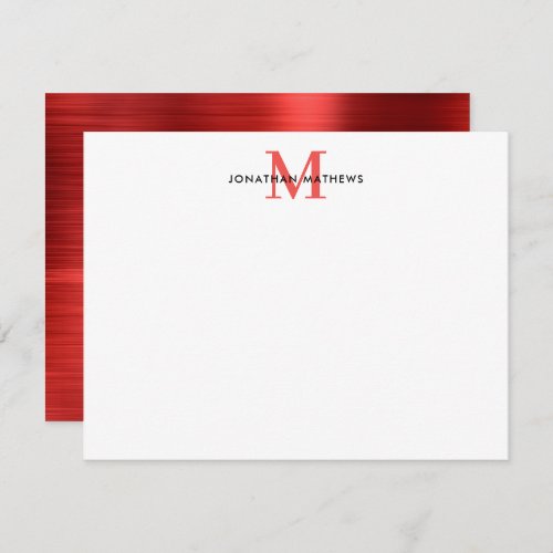 Glam Brushed Metal Ruby Red Classic Monogram Note Card