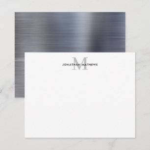 Glam Brushed Metal Silver Gray Classic Monogram Note Card