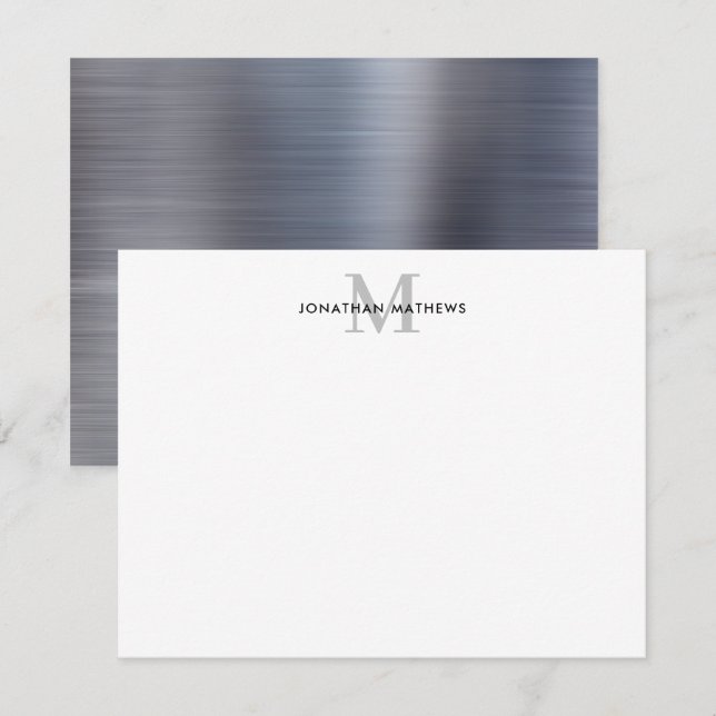 Glam Brushed Metal Silver Gray Classic Monogram Note Card (Front/Back)