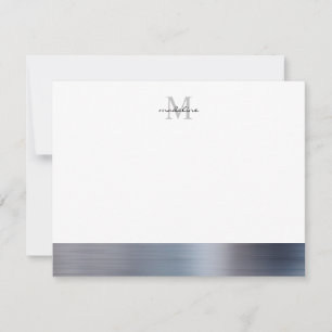 Glam Brushed Metal Silver Gray Girly Monogram Note Card