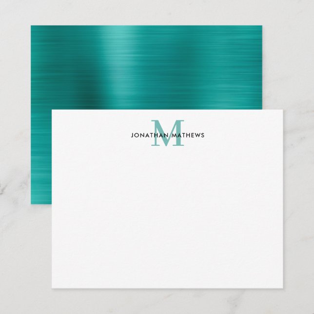 Glam Brushed Metal Teal Green Classic Monogram Note Card (Front/Back)