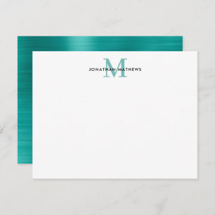 Glam Brushed Metal Teal Green Classic Monogram Note Card