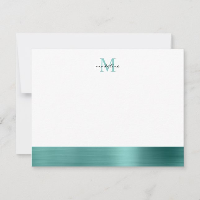 Glam Brushed Metal Teal Green Girly Monogram Note Card (Front)