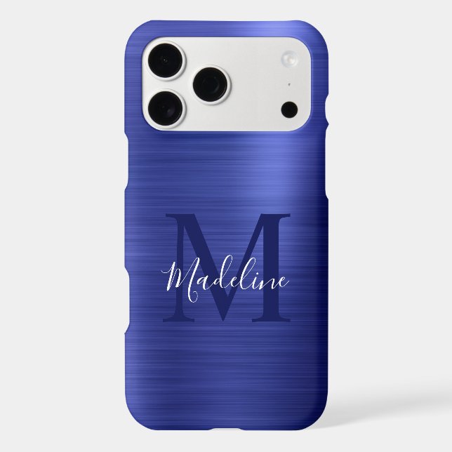 Glam Brushed Metallic Royal Blue Monogram iPhone Case (Back)