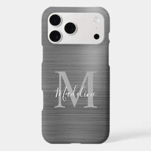 Glam Brushed Metallic Silver Gray Monogram iPhone 17 Pro Max Case