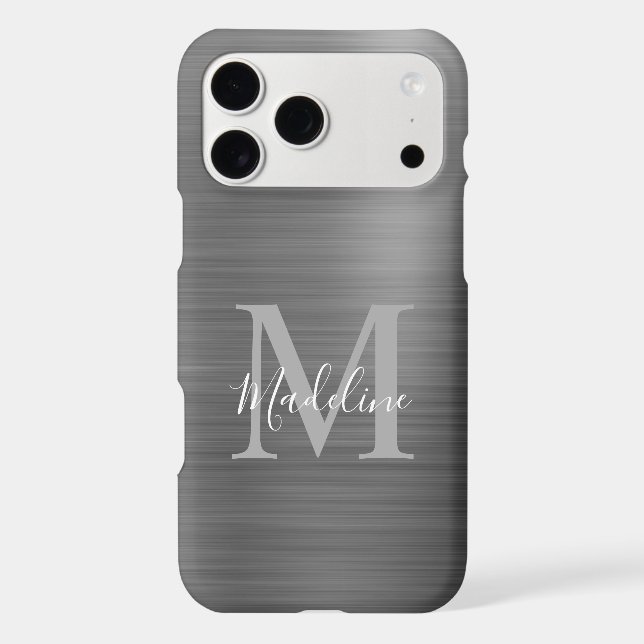 Glam Brushed Metallic Silver Gray Monogram iPhone Case (Back)