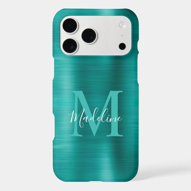 Glam Brushed Metallic Teal Elegant Script Monogram iPhone Case (Back)