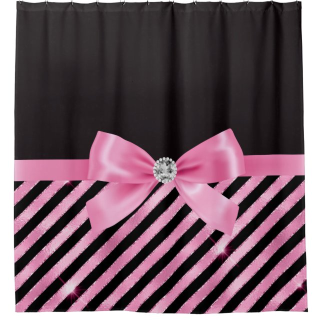 Glam Bubble Pink Bow-Black Pink-Candy Stripes Shower Curtain (Front)