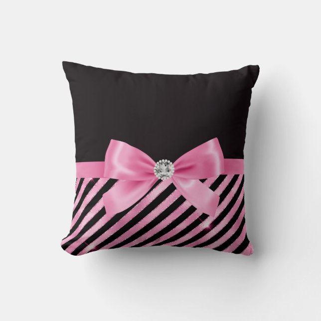 Glam Bubble Pink Bow-Pink Black-Candy Stripes Throw Pillow (Front)