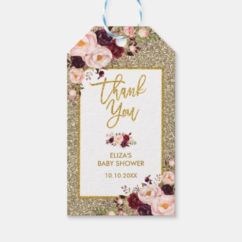 Glam Burgundy Blush Flower Glitter Thank You Favor Gift Tags